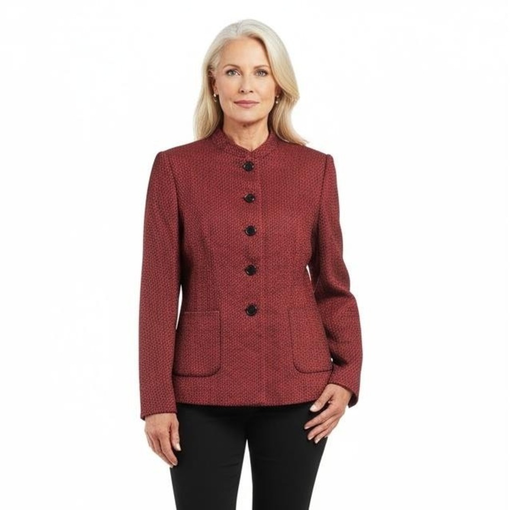 Vertical Design Suit Blazer Jacket Women 6‎ Red Black New Tweed Mandarin Collar